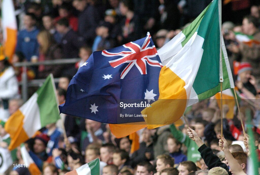 17 October 2004; The Irish and Australian flags fly during the game. Coca Cola International Rules Series 2004, First Test, Ireland v Australia, Croke Park, Dublin. Picture credit; Brian Lawless / SPORTSFILE *** Local Caption *** Any photograph taken by SPORTSFILE during, or in connection with, the 2004 Coca Cola International Rules Series which displays GAA logos or contains an image or part of an image of any GAA intellectual property, or, which contains images of a GAA player/players in their playing uniforms, may only be used for editorial and non-advertising purposes.  Use of photographs for advertising, as posters or for purchase separately is strictly prohibited unless prior written approval has been obtained from the Gaelic Athletic Association.