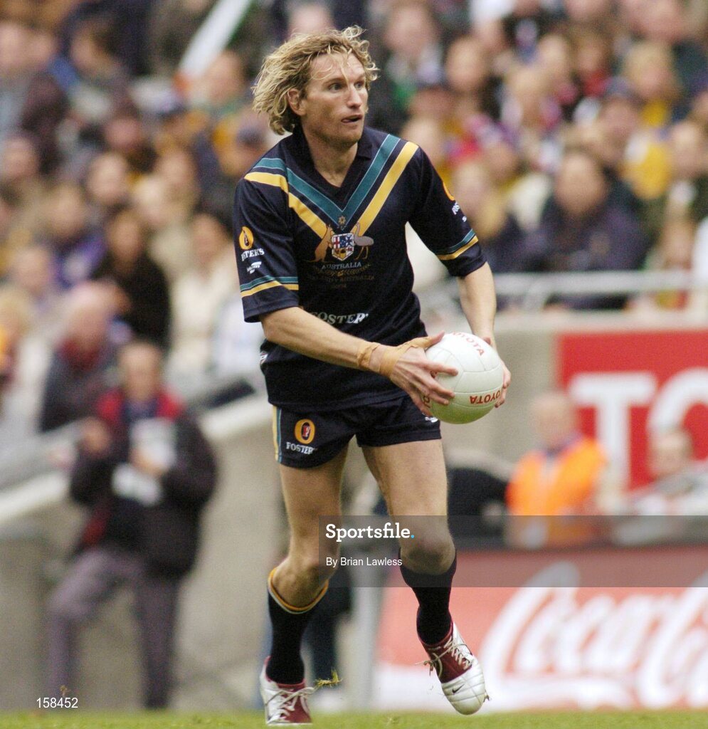 17 October 2004; James Hird, Australia. Coca Cola International Rules Series 2004, First Test, Ireland v Australia, Croke Park, Dublin. Picture credit; Brian Lawless / SPORTSFILE *** Local Caption *** Any photograph taken by SPORTSFILE during, or in connection with, the 2004 Coca Cola International Rules Series which displays GAA logos or contains an image or part of an image of any GAA intellectual property, or, which contains images of a GAA player/players in their playing uniforms, may only be used for editorial and non-advertising purposes.  Use of photographs for advertising, as posters or for purchase separately is strictly prohibited unless prior written approval has been obtained from the Gaelic Athletic Association.