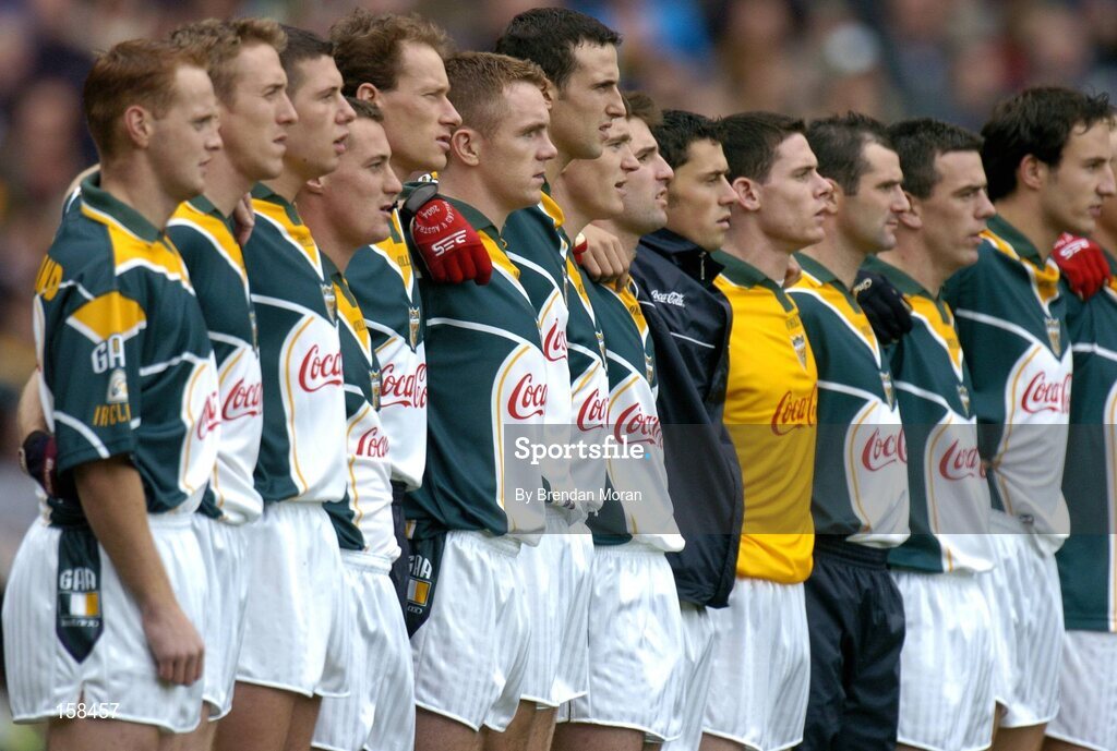 17 October 2004; Members of the Irish team stand together for the national anthems before the start of the game. Coca Cola International Rules Series 2004, First Test, Ireland v Australia, Croke Park, Dublin. Picture credit; Brendan Moran / SPORTSFILE *** Local Caption *** Any photograph taken by SPORTSFILE during, or in connection with, the 2004 Coca Cola International Rules Series which displays GAA logos or contains an image or part of an image of any GAA intellectual property, or, which contains images of a GAA player/players in their playing uniforms, may only be used for editorial and non-advertising purposes.  Use of photographs for advertising, as posters or for purchase separately is strictly prohibited unless prior written approval has been obtained from the Gaelic Athletic Association.
