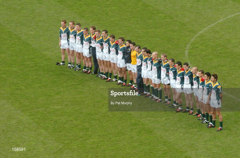 17 October 2004; The Ireland team stand for the national anthem. Coca Cola International Rules Series 2004, First Test, Ireland v Australia, Croke Park, Dublin. Picture credit; Pat Murphy / SPORTSFILE *** Local Caption *** Any photograph taken by SPORTSFILE during, or in connection with, the 2004 Coca Cola International Rules Series, which displays GAA logos or contains an image or part of an image of any GAA intellectual property, or, which contains images of a GAA player/players in their playing uniforms, may only be used for editorial and non-advertising purposes.  Use of photographs for advertising, as posters or for purchase separately is strictly prohibited unless prior written approval has been obtained from the Gaelic Athletic Association.