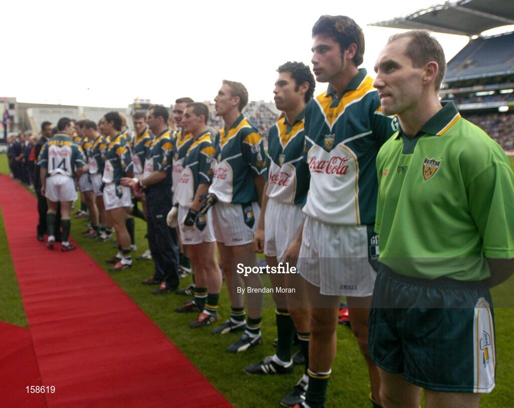 17 October 2004; Ireland team runner Mickey Linden lines up alongside the rest of the Irish team before the game. Coca Cola International Rules Series 2004, First Test, Ireland v Australia, Croke Park, Dublin. Picture credit; Brendan Moran / SPORTSFILE *** Local Caption *** Any photograph taken by SPORTSFILE during, or in connection with, the 2004 Coca Cola International Rules Series which displays GAA logos or contains an image or part of an image of any GAA intellectual property, or, which contains images of a GAA player/players in their playing uniforms, may only be used for editorial and non-advertising purposes.  Use of photographs for advertising, as posters or for purchase separately is strictly prohibited unless prior written approval has been obtained from the Gaelic Athletic Association.