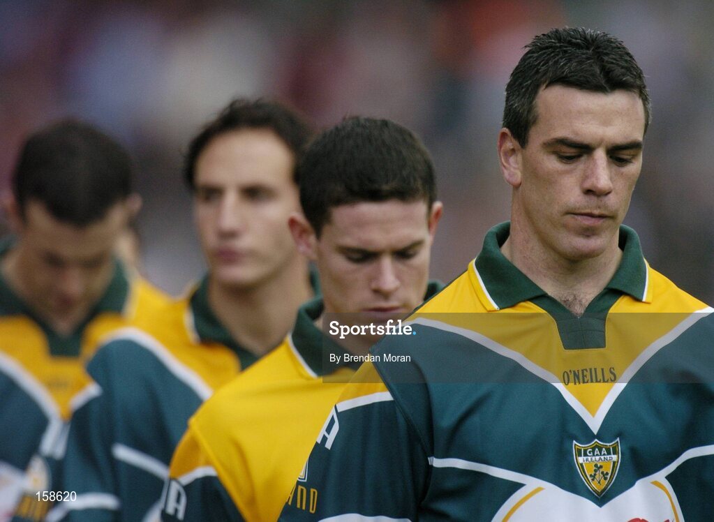 17 October 2004; Ireland captain Padraic Joyce leads his side in the pre-match parade. Coca Cola International Rules Series 2004, First Test, Ireland v Australia, Croke Park, Dublin. Picture credit; Brendan Moran / SPORTSFILE *** Local Caption *** Any photograph taken by SPORTSFILE during, or in connection with, the 2004 Coca Cola International Rules Series which displays GAA logos or contains an image or part of an image of any GAA intellectual property, or, which contains images of a GAA player/players in their playing uniforms, may only be used for editorial and non-advertising purposes.  Use of photographs for advertising, as posters or for purchase separately is strictly prohibited unless prior written approval has been obtained from the Gaelic Athletic Association.