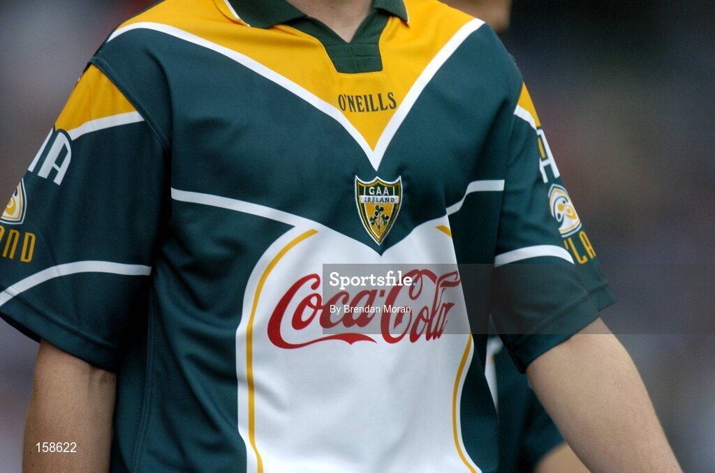 17 October 2004; A general view of the Ireland International Rules jersey. Coca Cola International Rules Series 2004, First Test, Ireland v Australia, Croke Park, Dublin. Picture credit; Brendan Moran / SPORTSFILE *** Local Caption *** Any photograph taken by SPORTSFILE during, or in connection with, the 2004 Coca Cola International Rules Series which displays GAA logos or contains an image or part of an image of any GAA intellectual property, or, which contains images of a GAA player/players in their playing uniforms, may only be used for editorial and non-advertising purposes.  Use of photographs for advertising, as posters or for purchase separately is strictly prohibited unless prior written approval has been obtained from the Gaelic Athletic Association.