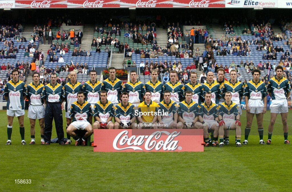 17 October 2004; The Ireland International Rules squad. Coca Cola International Rules Series 2004, First Test, Ireland v Australia, Croke Park, Dublin. Picture credit; Brendan Moran / SPORTSFILE *** Local Caption *** Any photograph taken by SPORTSFILE during, or in connection with, the 2004 Coca Cola International Rules Series which displays GAA logos or contains an image or part of an image of any GAA intellectual property, or, which contains images of a GAA player/players in their playing uniforms, may only be used for editorial and non-advertising purposes.  Use of photographs for advertising, as posters or for purchase separately is strictly prohibited unless prior written approval has been obtained from the Gaelic Athletic Association.