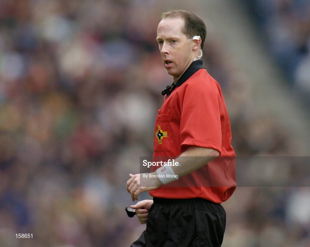 17 October 2004; Stephen McBurney, Referee. Coca Cola International Rules Series 2004, First Test, Ireland v Australia, Croke Park, Dublin. Picture credit; Brendan Moran / SPORTSFILE *** Local Caption *** Any photograph taken by SPORTSFILE during, or in connection with, the 2004 Coca Cola International Rules Series which displays GAA logos or contains an image or part of an image of any GAA intellectual property, or, which contains images of a GAA player/players in their playing uniforms, may only be used for editorial and non-advertising purposes.  Use of photographs for advertising, as posters or for purchase separately is strictly prohibited unless prior written approval has been obtained from the Gaelic Athletic Association.