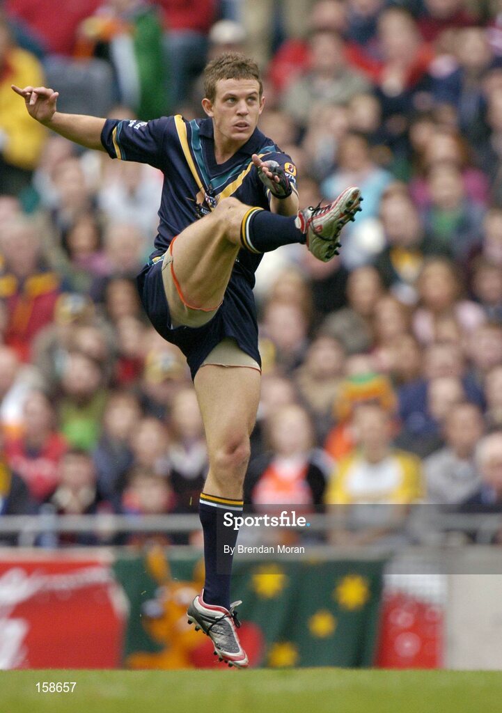 17 October 2004; Luke Ball, Australia. Coca Cola International Rules Series 2004, First Test, Ireland v Australia, Croke Park, Dublin. Picture credit; Brendan Moran / SPORTSFILE *** Local Caption *** Any photograph taken by SPORTSFILE during, or in connection with, the 2004 Coca Cola International Rules Series which displays GAA logos or contains an image or part of an image of any GAA intellectual property, or, which contains images of a GAA player/players in their playing uniforms, may only be used for editorial and non-advertising purposes.  Use of photographs for advertising, as posters or for purchase separately is strictly prohibited unless prior written approval has been obtained from the Gaelic Athletic Association.