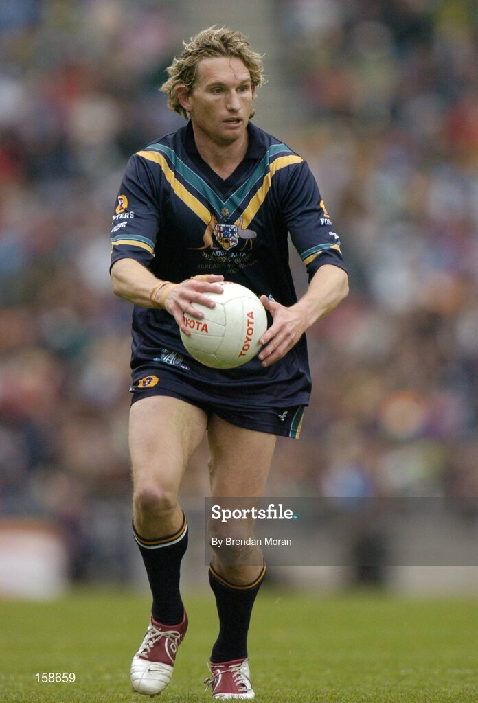 17 October 2004; James Hird, Australia. Coca Cola International Rules Series 2004, First Test, Ireland v Australia, Croke Park, Dublin. Picture credit; Brendan Moran / SPORTSFILE *** Local Caption *** Any photograph taken by SPORTSFILE during, or in connection with, the 2004 Coca Cola International Rules Series which displays GAA logos or contains an image or part of an image of any GAA intellectual property, or, which contains images of a GAA player/players in their playing uniforms, may only be used for editorial and non-advertising purposes.  Use of photographs for advertising, as posters or for purchase separately is strictly prohibited unless prior written approval has been obtained from the Gaelic Athletic Association.