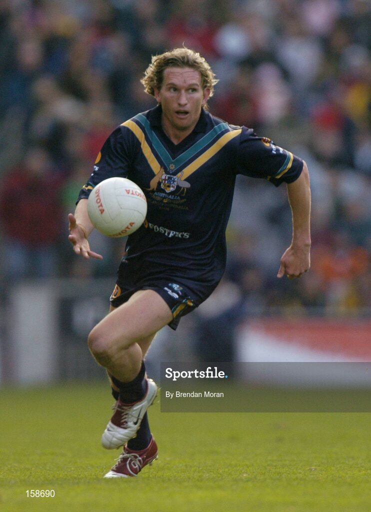 17 October 2004; James Hird, Australia. Coca Cola International Rules Series 2004, First Test, Ireland v Australia, Croke Park, Dublin. Picture credit; Brendan Moran / SPORTSFILE *** Local Caption *** Any photograph taken by SPORTSFILE during, or in connection with, the 2004 Coca Cola International Rules Series which displays GAA logos or contains an image or part of an image of any GAA intellectual property, or, which contains images of a GAA player/players in their playing uniforms, may only be used for editorial and non-advertising purposes.  Use of photographs for advertising, as posters or for purchase separately is strictly prohibited unless prior written approval has been obtained from the Gaelic Athletic Association.