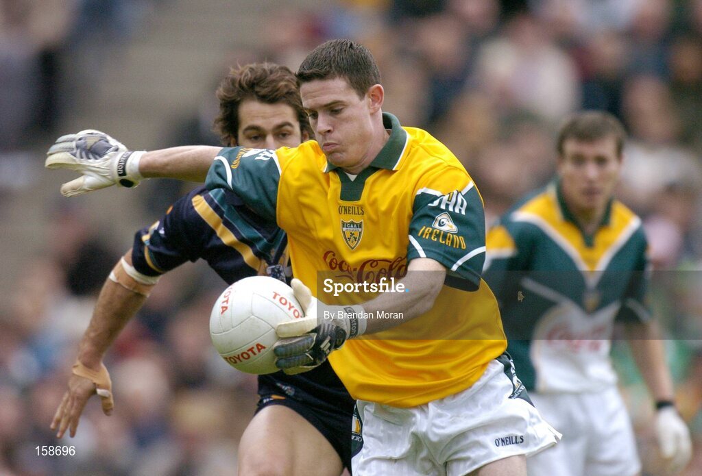 17 October 2004; Stephen Cluxton, Ireland, in action against Australia. Coca Cola International Rules Series 2004, First Test, Ireland v Australia, Croke Park, Dublin. Picture credit; Brendan Moran / SPORTSFILE *** Local Caption *** Any photograph taken by SPORTSFILE during, or in connection with, the 2004 Coca Cola International Rules Series which displays GAA logos or contains an image or part of an image of any GAA intellectual property, or, which contains images of a GAA player/players in their playing uniforms, may only be used for editorial and non-advertising purposes.  Use of photographs for advertising, as posters or for purchase separately is strictly prohibited unless prior written approval has been obtained from the Gaelic Athletic Association.