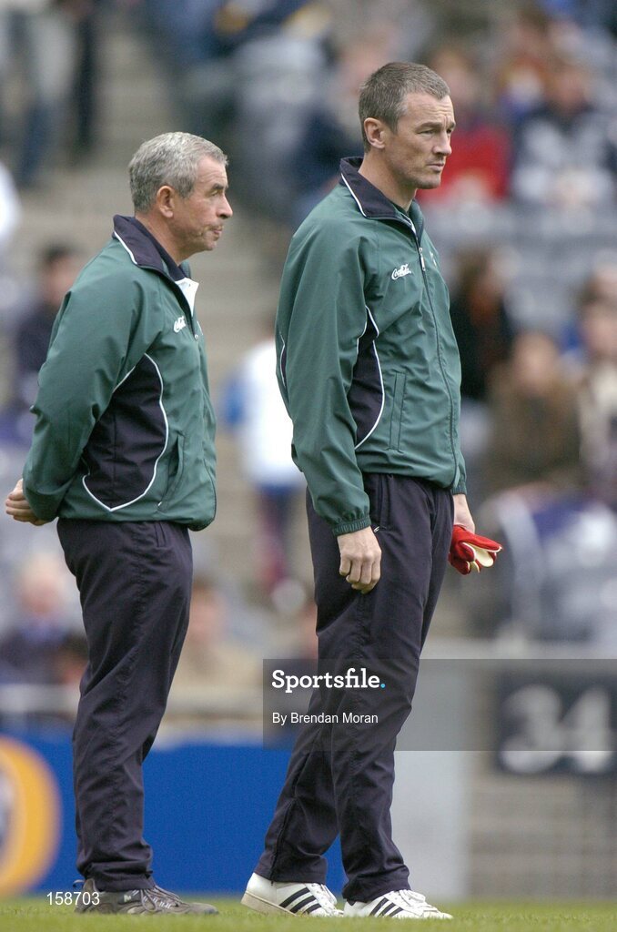 17 October 2004; Pete McGrath, Ireland manager, left, with Ireland assistant coach John O'Leary. Coca Cola International Rules Series 2004, First Test, Ireland v Australia, Croke Park, Dublin. Picture credit; Brendan Moran / SPORTSFILE *** Local Caption *** Any photograph taken by SPORTSFILE during, or in connection with, the 2004 Coca Cola International Rules Series which displays GAA logos or contains an image or part of an image of any GAA intellectual property, or, which contains images of a GAA player/players in their playing uniforms, may only be used for editorial and non-advertising purposes.  Use of photographs for advertising, as posters or for purchase separately is strictly prohibited unless prior written approval has been obtained from the Gaelic Athletic Association.