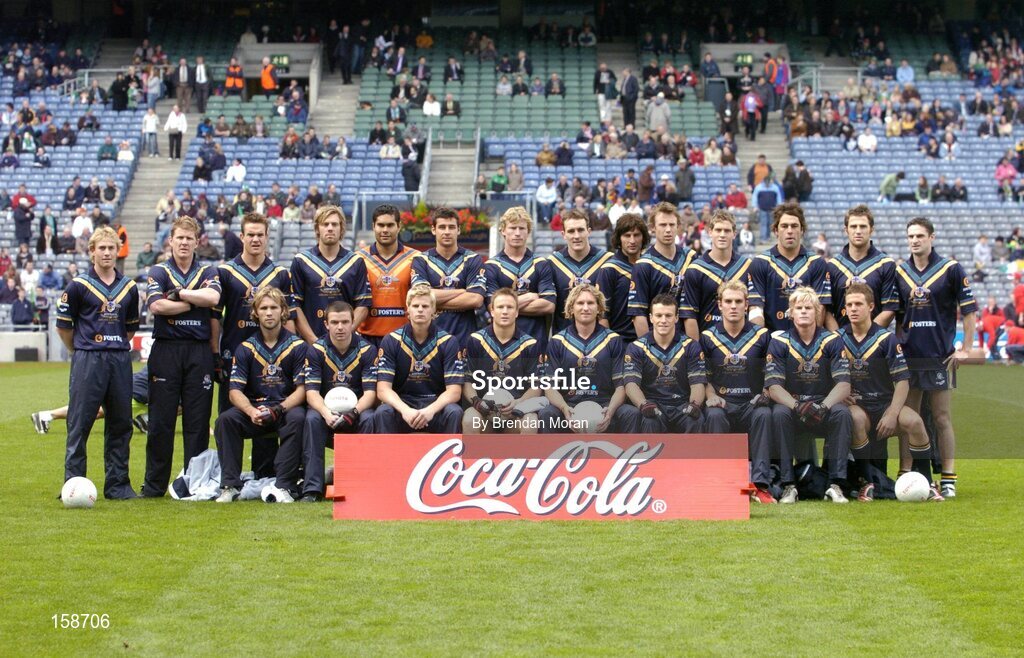 17 October 2004; The Australian International Rules squad. Coca Cola International Rules Series 2004, First Test, Ireland v Australia, Croke Park, Dublin. Picture credit; Brendan Moran / SPORTSFILE *** Local Caption *** Any photograph taken by SPORTSFILE during, or in connection with, the 2004 Coca Cola International Rules Series which displays GAA logos or contains an image or part of an image of any GAA intellectual property, or, which contains images of a GAA player/players in their playing uniforms, may only be used for editorial and non-advertising purposes.  Use of photographs for advertising, as posters or for purchase separately is strictly prohibited unless prior written approval has been obtained from the Gaelic Athletic Association.