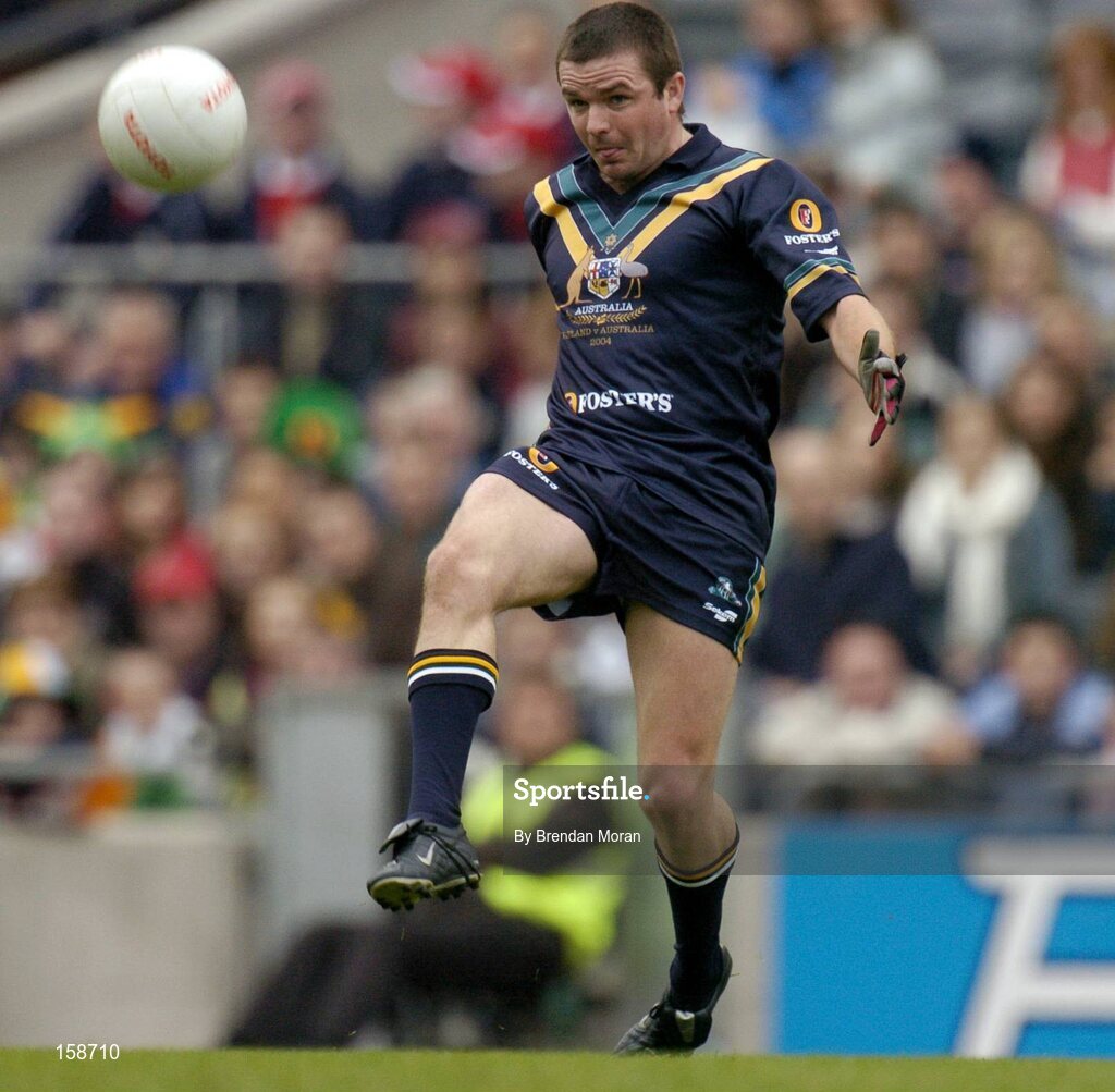 17 October 2004; Austin Jones, Australia. Coca Cola International Rules Series 2004, First Test, Ireland v Australia, Croke Park, Dublin. Picture credit; Brendan Moran / SPORTSFILE *** Local Caption *** Any photograph taken by SPORTSFILE during, or in connection with, the 2004 Coca Cola International Rules Series which displays GAA logos or contains an image or part of an image of any GAA intellectual property, or, which contains images of a GAA player/players in their playing uniforms, may only be used for editorial and non-advertising purposes.  Use of photographs for advertising, as posters or for purchase separately is strictly prohibited unless prior written approval has been obtained from the Gaelic Athletic Association.