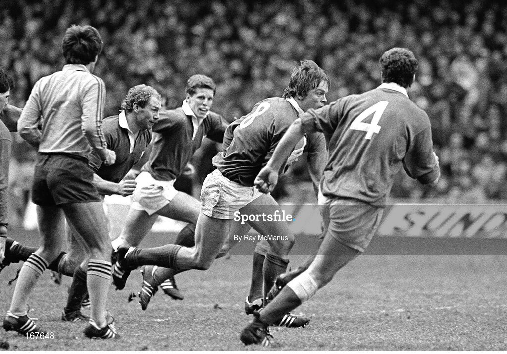15 February 1986; Brian Spillane, Ireland, second from right, supported by team-mates Nigel Carr, left, and Brendan Mullin, in action against Wales. Five Nations Rugby Championship, Ireland v Wales, Lansdowne Road, Dublin. Pictrure credit: Ray McManus / SPORTSFILE