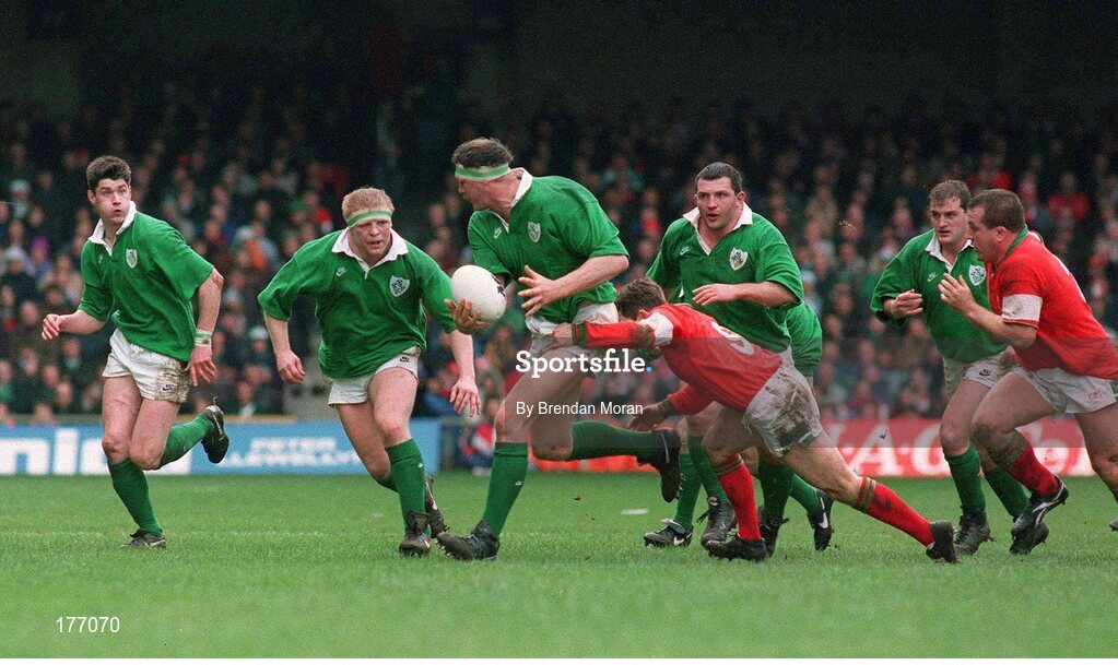 18 March 1995; David Tweed, Ireland, is tackled by Rob Jones, Wales. Five Nations Rugby Championship, Wales v Ireland, Cardiff Arms Park, Cardiff, Wales. Picture credit: Brendan Moran / SPORTSFILE