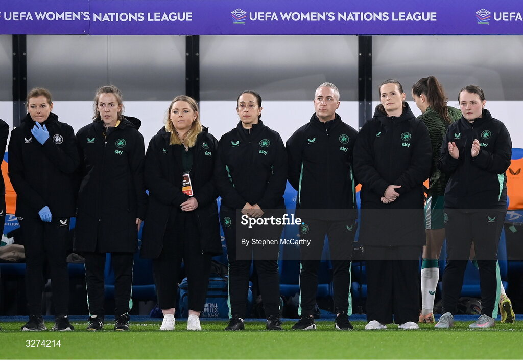 28 October 2025; Republic of Ireland staff, from left, team doctor Siobhan Forman, physiotherapist Eileen Foyle, team operations manager Jennifer Willmott, performance nutritionist Olivia Patel, masseuse Kieran Hunt, team operations coordinator Denise McElhinney and equipment officer Rachel O'Hanlon before the UEFA Women's Nations League A/B promotion/relegation play-off second leg match between Belgium and Republic of Ireland at The King Power At Den Dreef Stadium in Leuven, Belgium. Photo by Stephen McCarthy/Sportsfile