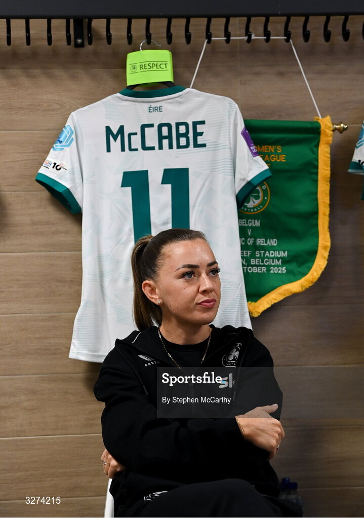 28 October 2025; Katie McCabe of Republic of Ireland before the UEFA Women's Nations League A/B promotion/relegation play-off second leg match between Belgium and Republic of Ireland at The King Power At Den Dreef Stadium in Leuven, Belgium.  Photo by Stephen McCarthy/Sportsfile