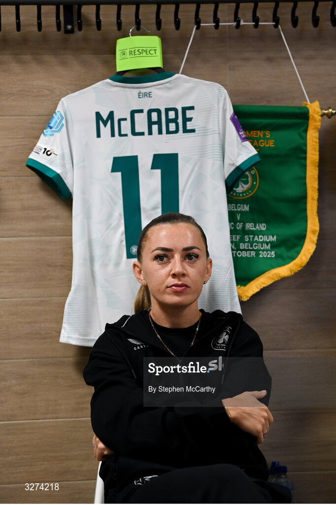 28 October 2025; Katie McCabe of Republic of Ireland before the UEFA Women's Nations League A/B promotion/relegation play-off second leg match between Belgium and Republic of Ireland at The King Power At Den Dreef Stadium in Leuven, Belgium.  Photo by Stephen McCarthy/Sportsfile