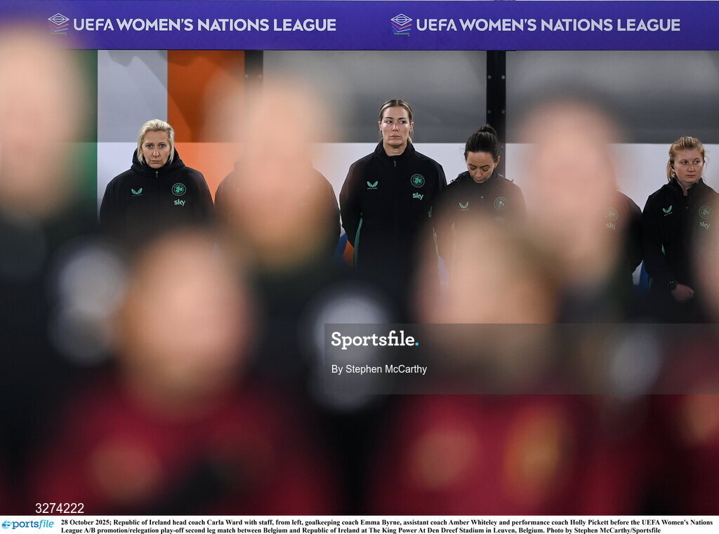 28 October 2025; Republic of Ireland head coach Carla Ward with staff, from left, goalkeeping coach Emma Byrne, assistant coach Amber Whiteley and performance coach Holly Pickett before the UEFA Women's Nations League A/B promotion/relegation play-off second leg match between Belgium and Republic of Ireland at The King Power At Den Dreef Stadium in Leuven, Belgium. Photo by Stephen McCarthy/Sportsfile