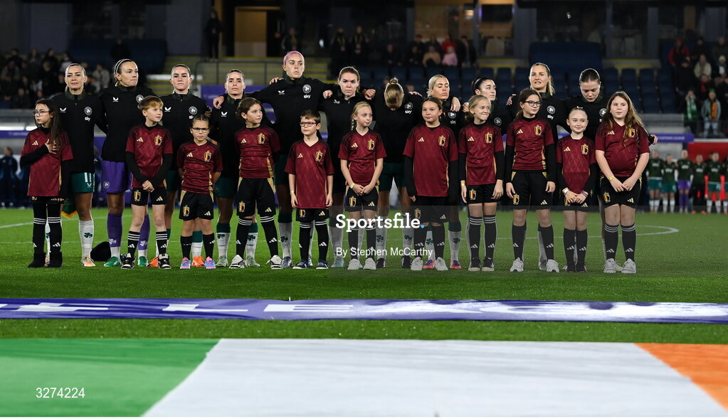 28 October 2025; The Republic of Ireland team, from left, Katie McCabe, goalkeeper Grace Moloney, Jessie Stapleton, Chloe Mustaki, Caitlin Hayes, Aoife Mannion, Ruesha Littlejohn, Denise O’Sullivan, Marissa Sheva, Kyra Carusa and Emily Murphy before the UEFA Women's Nations League A/B promotion/relegation play-off second leg match between Belgium and Republic of Ireland at The King Power At Den Dreef Stadium in Leuven, Belgium. Photo by Stephen McCarthy/Sportsfile