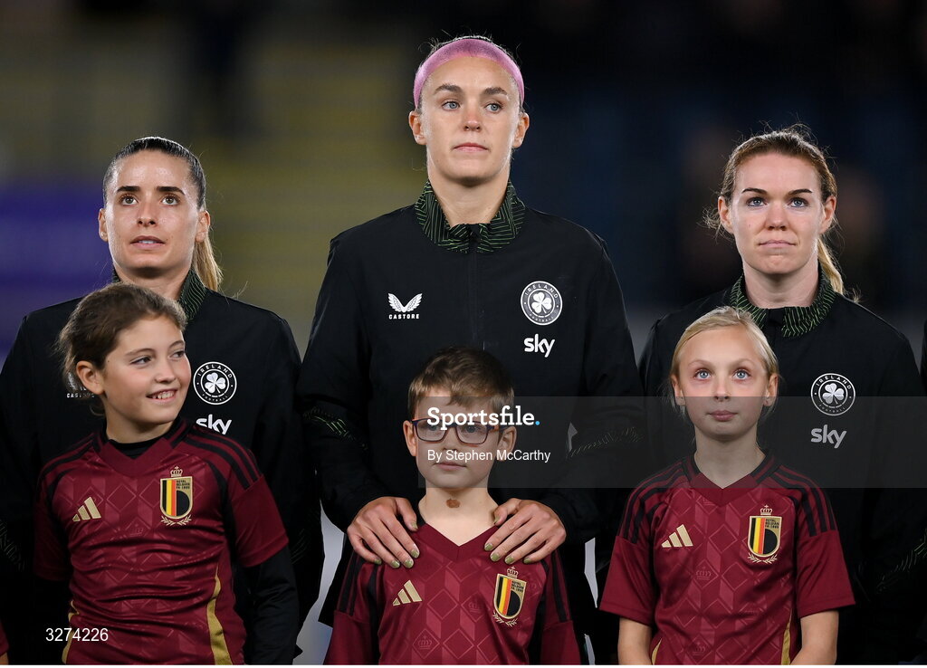 28 October 2025; Republic of Ireland players, from left, Chloe Mustaki, Caitlin Hayes and Aoife Mannion before the UEFA Women's Nations League A/B promotion/relegation play-off second leg match between Belgium and Republic of Ireland at The King Power At Den Dreef Stadium in Leuven, Belgium. Photo by Stephen McCarthy/Sportsfile