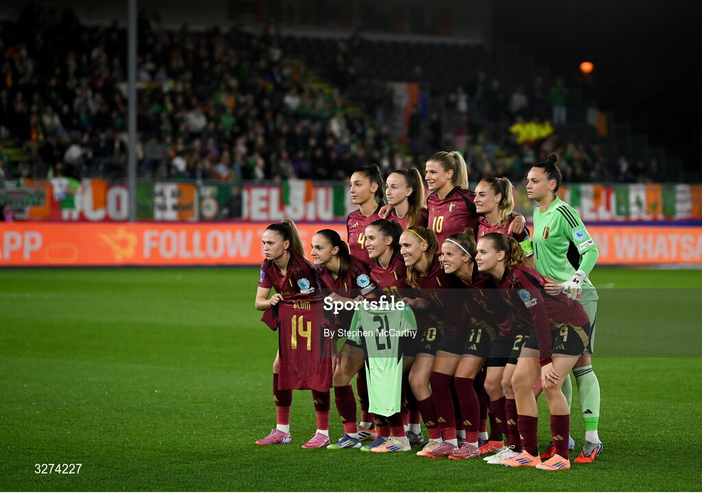 28 October 2025; The Belgium team before the UEFA Women's Nations League A/B promotion/relegation play-off second leg match between Belgium and Republic of Ireland at The King Power At Den Dreef Stadium in Leuven, Belgium. Photo by Stephen McCarthy/Sportsfile
