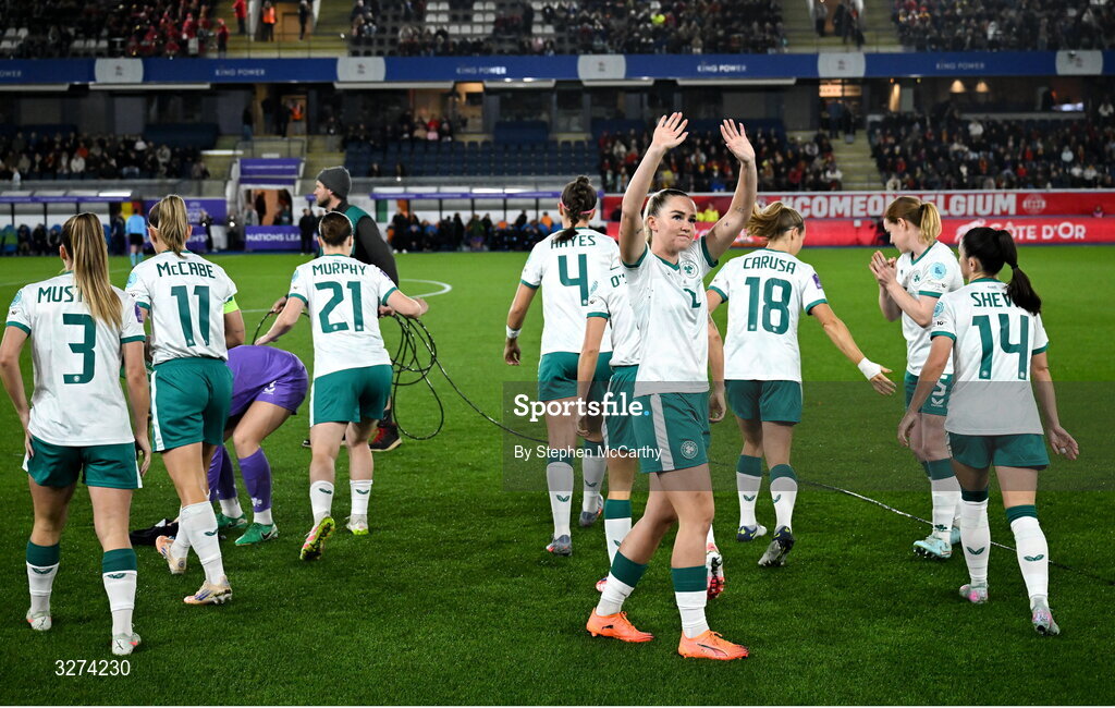 28 October 2025; Jessie Stapleton of Republic of Ireland before the UEFA Women's Nations League A/B promotion/relegation play-off second leg match between Belgium and Republic of Ireland at The King Power At Den Dreef Stadium in Leuven, Belgium. Photo by Stephen McCarthy/Sportsfile