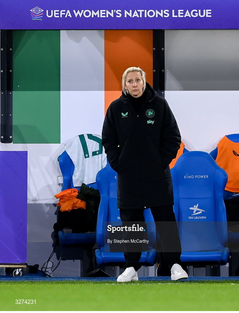 28 October 2025; Republic of Ireland head coach Carla Ward before the UEFA Women's Nations League A/B promotion/relegation play-off second leg match between Belgium and Republic of Ireland at The King Power At Den Dreef Stadium in Leuven, Belgium. Photo by Stephen McCarthy/Sportsfile