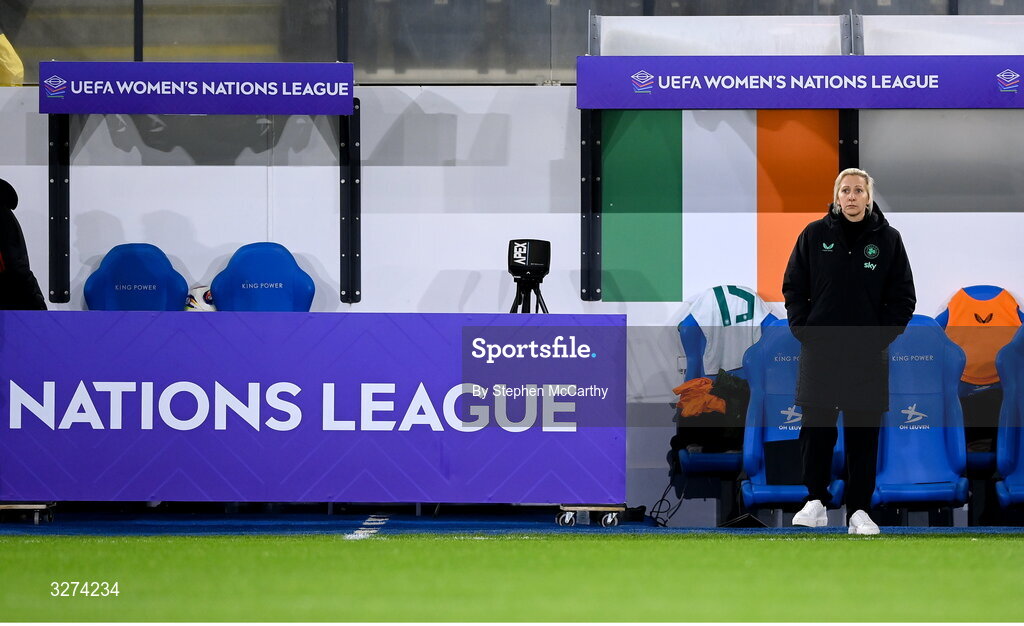 28 October 2025; Republic of Ireland head coach Carla Ward before the UEFA Women's Nations League A/B promotion/relegation play-off second leg match between Belgium and Republic of Ireland at The King Power At Den Dreef Stadium in Leuven, Belgium. Photo by Stephen McCarthy/Sportsfile