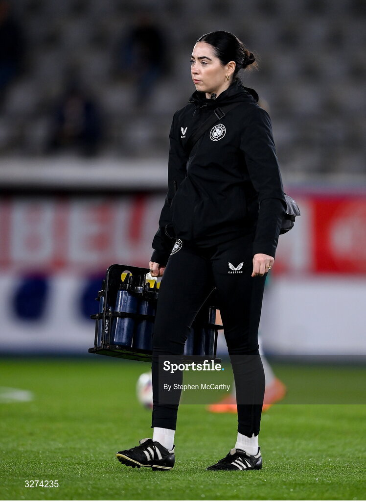 28 October 2025; Republic of Ireland physiotherapist Susie Coffey before the UEFA Women's Nations League A/B promotion/relegation play-off second leg match between Belgium and Republic of Ireland at The King Power At Den Dreef Stadium in Leuven, Belgium. Photo by Stephen McCarthy/Sportsfile