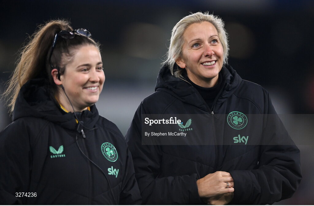 28 October 2025; Republic of Ireland head coach Carla Ward and performance analyst Rhianna Farr, left, before the UEFA Women's Nations League A/B promotion/relegation play-off second leg match between Belgium and Republic of Ireland at The King Power At Den Dreef Stadium in Leuven, Belgium. Photo by Stephen McCarthy/Sportsfile