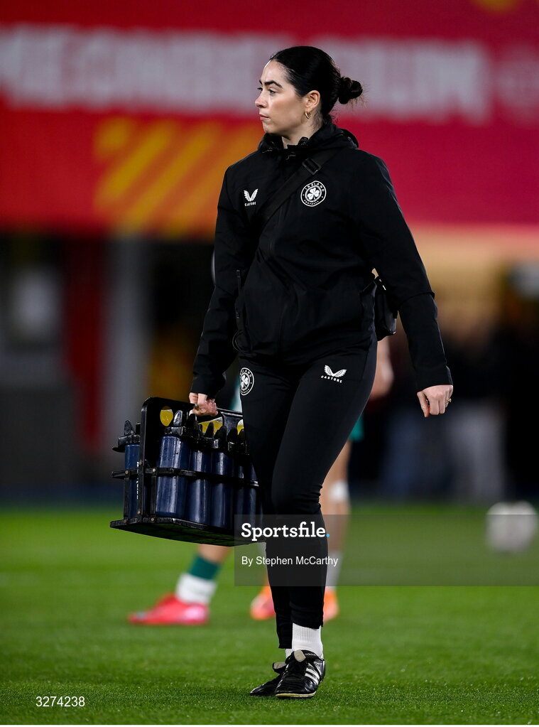 28 October 2025; Republic of Ireland physiotherapist Susie Coffey before the UEFA Women's Nations League A/B promotion/relegation play-off second leg match between Belgium and Republic of Ireland at The King Power At Den Dreef Stadium in Leuven, Belgium. Photo by Stephen McCarthy/Sportsfile