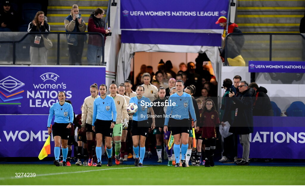 28 October 2025; Match officials, from left, assistant referee Melissa Rossignol, Fourth official Maïka Vanderstichel, referee Stéphanie Frappart and assistant referee Jennifer Maubacq lead the teams out for the UEFA Women's Nations League A/B promotion/relegation play-off second leg match between Belgium and Republic of Ireland at The King Power At Den Dreef Stadium in Leuven, Belgium. Photo by Stephen McCarthy/Sportsfile