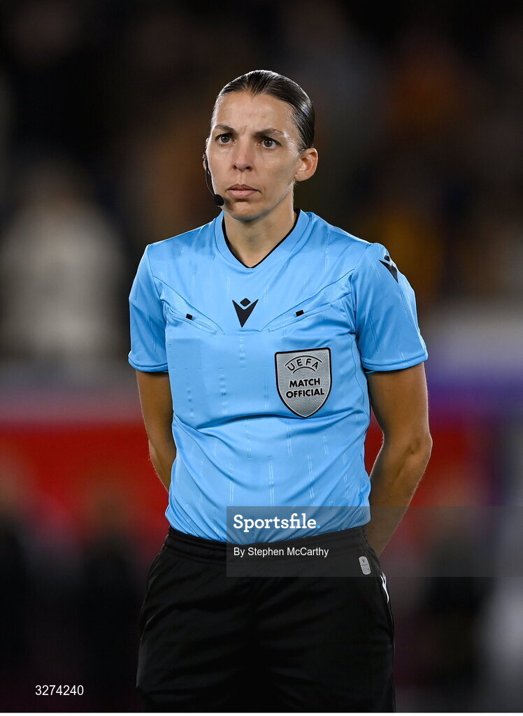 28 October 2025; Referee Stéphanie Frappart before the UEFA Women's Nations League A/B promotion/relegation play-off second leg match between Belgium and Republic of Ireland at The King Power At Den Dreef Stadium in Leuven, Belgium. Photo by Stephen McCarthy/Sportsfile