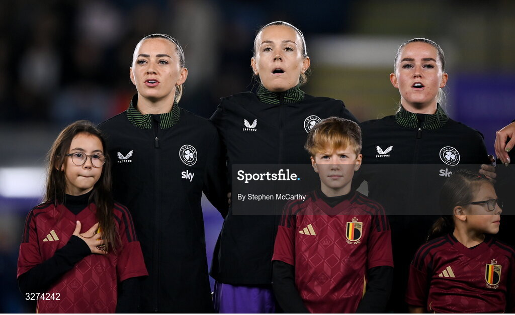 28 October 2025; Republic of Ireland players, from left, Katie McCabe, goalkeeper Grace Moloney and Jessie Stapleton before the UEFA Women's Nations League A/B promotion/relegation play-off second leg match between Belgium and Republic of Ireland at The King Power At Den Dreef Stadium in Leuven, Belgium. Photo by Stephen McCarthy/Sportsfile