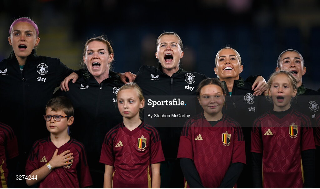 28 October 2025; Republic of Ireland players, from left, Caitlin Hayes, Aoife Mannion, Ruesha Littlejohn, Denise O’Sullivan and Marissa Sheva before the UEFA Women's Nations League A/B promotion/relegation play-off second leg match between Belgium and Republic of Ireland at The King Power At Den Dreef Stadium in Leuven, Belgium. Photo by Stephen McCarthy/Sportsfile