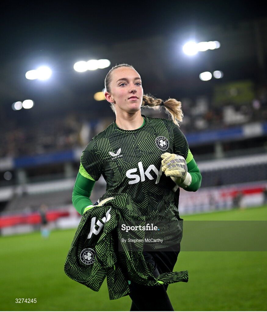 28 October 2025; Republic of Ireland goalkeeper Katie Keane before the UEFA Women's Nations League A/B promotion/relegation play-off second leg match between Belgium and Republic of Ireland at The King Power At Den Dreef Stadium in Leuven, Belgium. Photo by Stephen McCarthy/Sportsfile