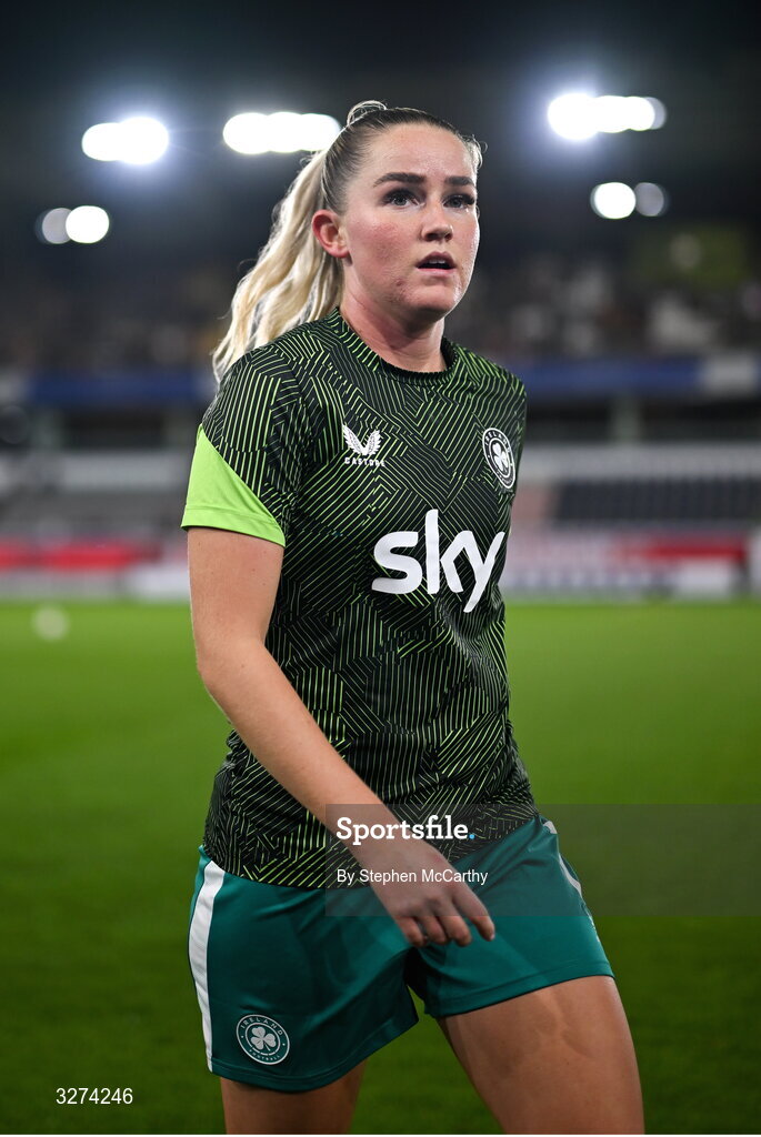 28 October 2025; Jessie Stapleton of Republic of Ireland before the UEFA Women's Nations League A/B promotion/relegation play-off second leg match between Belgium and Republic of Ireland at The King Power At Den Dreef Stadium in Leuven, Belgium. Photo by Stephen McCarthy/Sportsfile