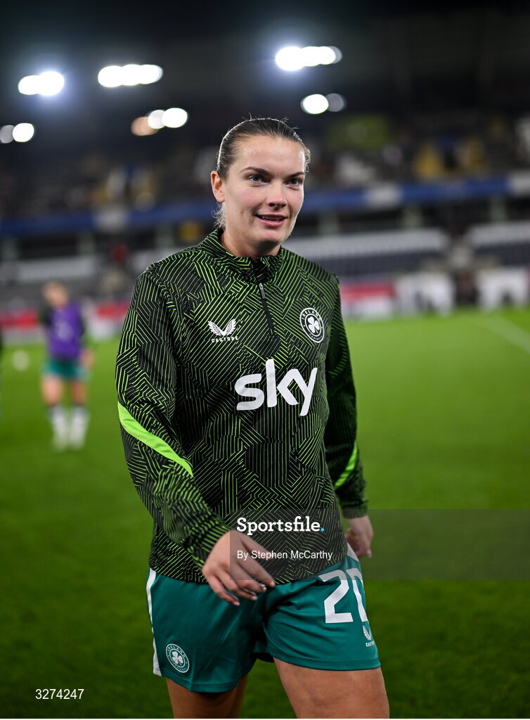 28 October 2025; Saoirse Noonan of Republic of Ireland before the UEFA Women's Nations League A/B promotion/relegation play-off second leg match between Belgium and Republic of Ireland at The King Power At Den Dreef Stadium in Leuven, Belgium. Photo by Stephen McCarthy/Sportsfile