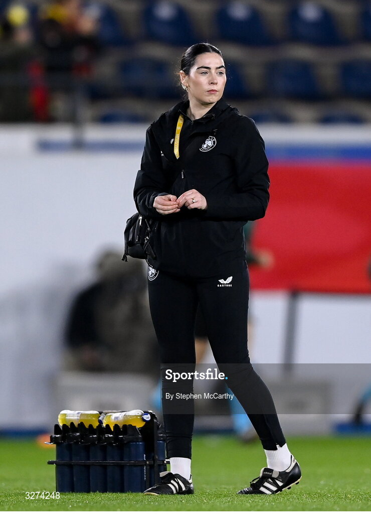 28 October 2025; Republic of Ireland physiotherapist Susie Coffey before the UEFA Women's Nations League A/B promotion/relegation play-off second leg match between Belgium and Republic of Ireland at The King Power At Den Dreef Stadium in Leuven, Belgium. Photo by Stephen McCarthy/Sportsfile