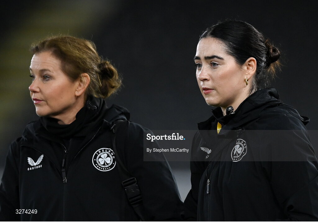 28 October 2025; Republic of Ireland physiotherapist Susie Coffey and team doctor Siobhan Forman, left, before the UEFA Women's Nations League A/B promotion/relegation play-off second leg match between Belgium and Republic of Ireland at The King Power At Den Dreef Stadium in Leuven, Belgium. Photo by Stephen McCarthy/Sportsfile