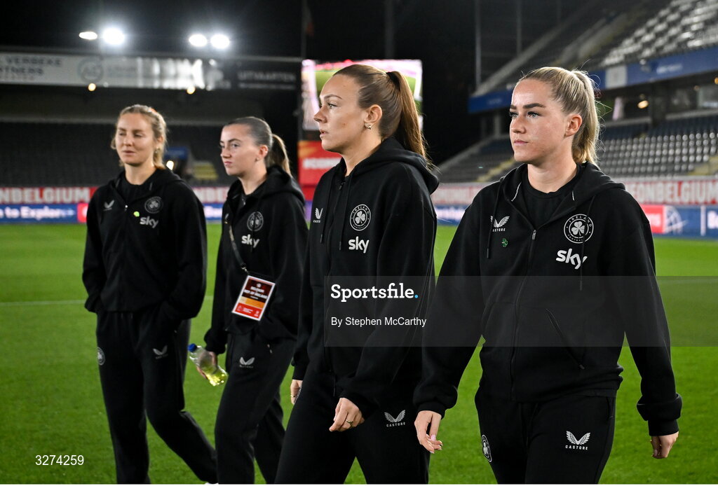 28 October 2025; Republic of Ireland's Jessie Stapleton, right, and goalkeeper Grace Moloney before the UEFA Women's Nations League A/B promotion/relegation play-off second leg match between Belgium and Republic of Ireland at The King Power At Den Dreef Stadium in Leuven, Belgium. Photo by Stephen McCarthy/Sportsfile