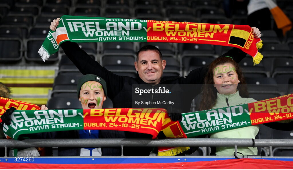 28 October 2025; Republic of Ireland supporters before the UEFA Women's Nations League A/B promotion/relegation play-off second leg match between Belgium and Republic of Ireland at The King Power At Den Dreef Stadium in Leuven, Belgium. Photo by Stephen McCarthy/Sportsfile