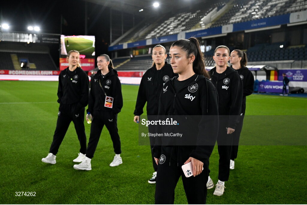 28 October 2025; Marissa Sheva of Republic of Ireland before the UEFA Women's Nations League A/B promotion/relegation play-off second leg match between Belgium and Republic of Ireland at The King Power At Den Dreef Stadium in Leuven, Belgium. Photo by Stephen McCarthy/Sportsfile