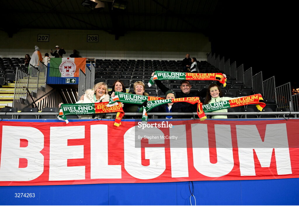 28 October 2025; Republic of Ireland supporters before the UEFA Women's Nations League A/B promotion/relegation play-off second leg match between Belgium and Republic of Ireland at The King Power At Den Dreef Stadium in Leuven, Belgium. Photo by Stephen McCarthy/Sportsfile