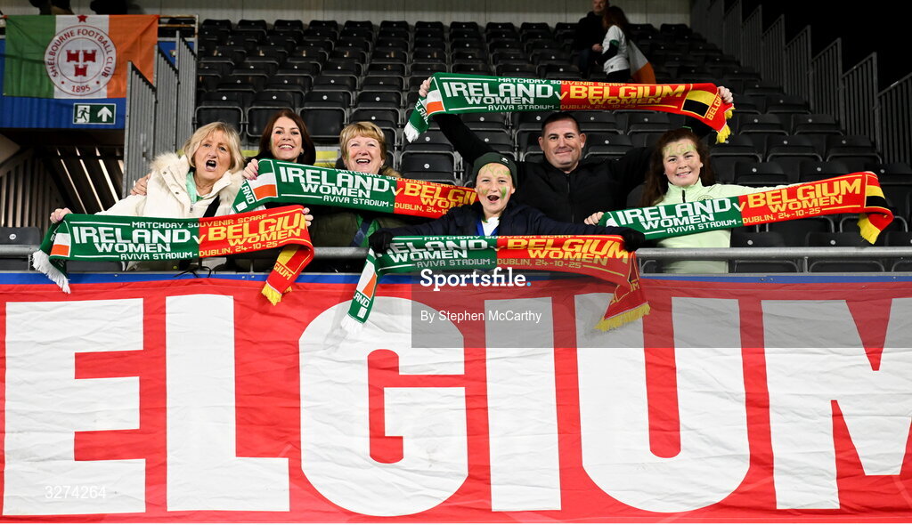 28 October 2025; Republic of Ireland supporters before the UEFA Women's Nations League A/B promotion/relegation play-off second leg match between Belgium and Republic of Ireland at The King Power At Den Dreef Stadium in Leuven, Belgium. Photo by Stephen McCarthy/Sportsfile