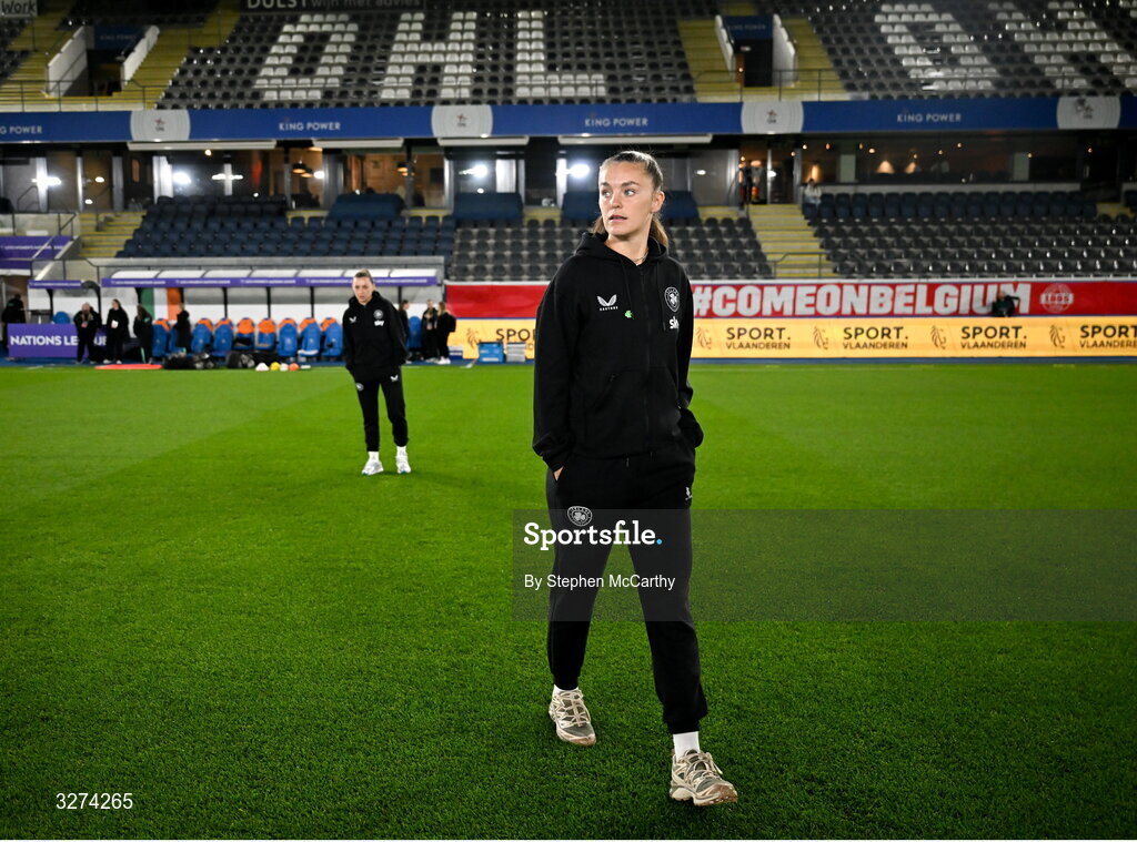 28 October 2025; Caitlin Hayes of Republic of Ireland before the UEFA Women's Nations League A/B promotion/relegation play-off second leg match between Belgium and Republic of Ireland at The King Power At Den Dreef Stadium in Leuven, Belgium. Photo by Stephen McCarthy/Sportsfile