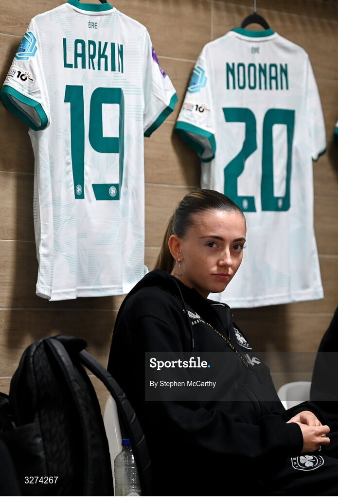 28 October 2025; Abbie Larkin of Republic of Ireland before the UEFA Women's Nations League A/B promotion/relegation play-off second leg match between Belgium and Republic of Ireland at The King Power At Den Dreef Stadium in Leuven, Belgium. Photo by Stephen McCarthy/Sportsfile