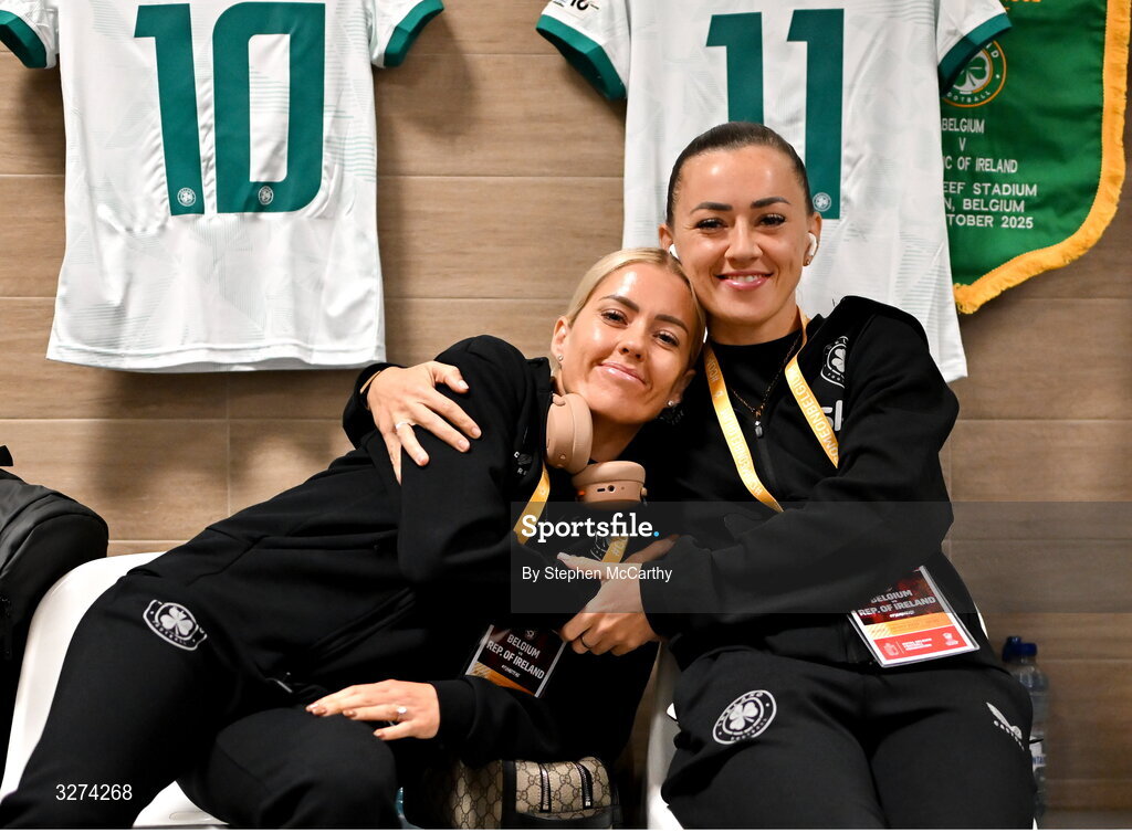 28 October 2025; Denise O’Sullivan, left, and Katie McCabe of Republic of Ireland before the UEFA Women's Nations League A/B promotion/relegation play-off second leg match between Belgium and Republic of Ireland at The King Power At Den Dreef Stadium in Leuven, Belgium. Photo by Stephen McCarthy/Sportsfile