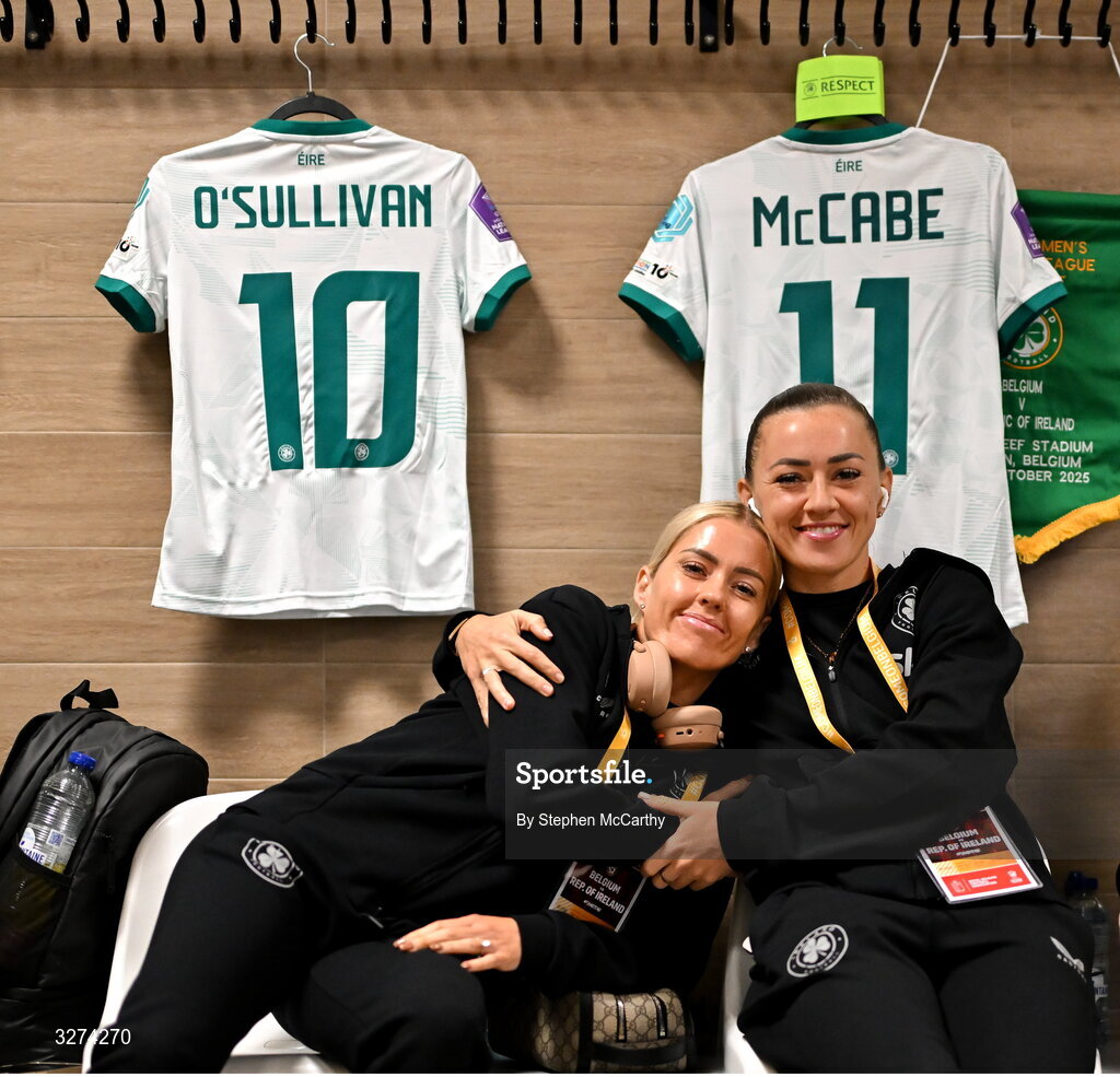 28 October 2025; Denise O’Sullivan, left, and Katie McCabe of Republic of Ireland before the UEFA Women's Nations League A/B promotion/relegation play-off second leg match between Belgium and Republic of Ireland at The King Power At Den Dreef Stadium in Leuven, Belgium. Photo by Stephen McCarthy/Sportsfile