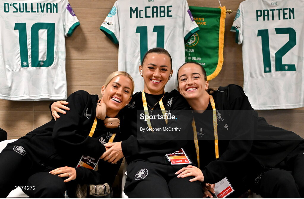 28 October 2025; Republic of Ireland captain Katie McCabe, centre, with Denise O’Sullivan, left, and Anna Patten, right, before the UEFA Women's Nations League A/B promotion/relegation play-off second leg match between Belgium and Republic of Ireland at The King Power At Den Dreef Stadium in Leuven, Belgium. Photo by Stephen McCarthy/Sportsfile